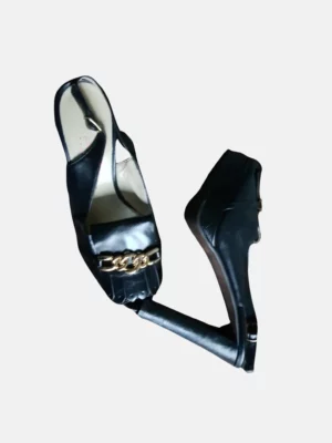 Navy blue colour leather shoes with semi pointed front it